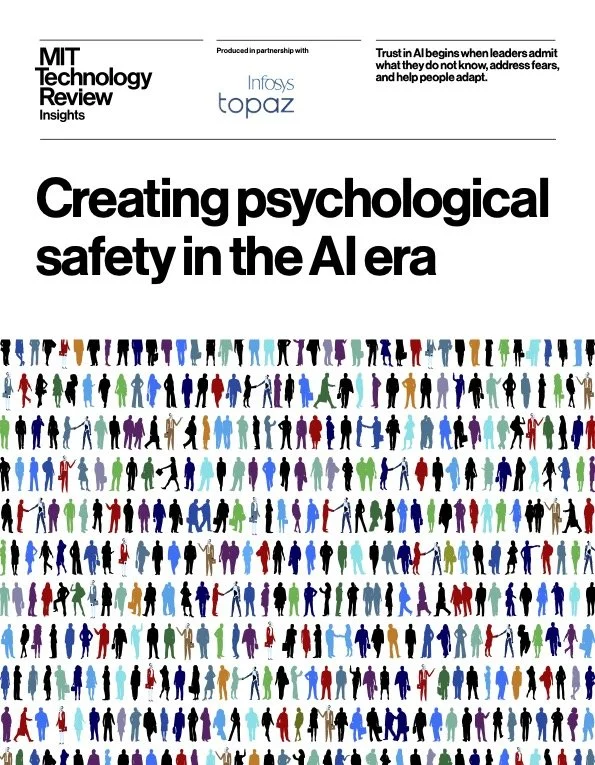 Cover of MIT Technology Review Insights report titled 'Creating psychological safety in the AI era', featuring a large crowd of colorful illustrated human figures.