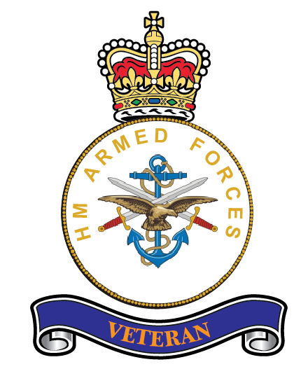 The emblem of the U.S. Marine Armed Forces Veteran with a crown above, featuring an eagle, anchor, and sword, and a blue banner with 'Veteran' written on it.