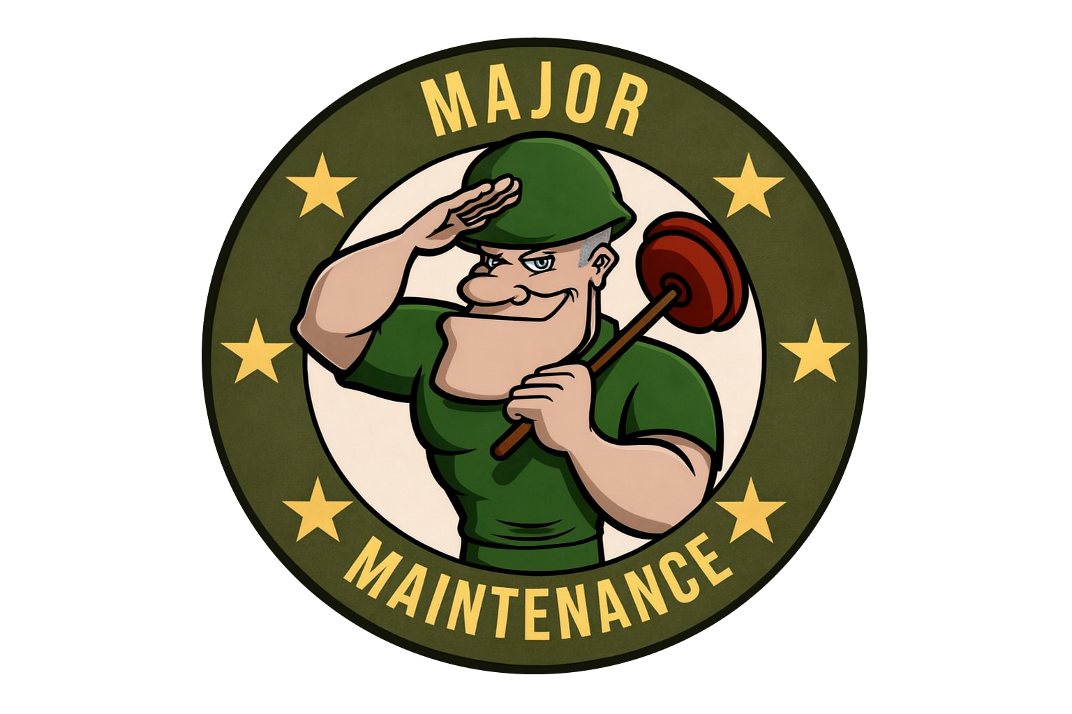 Cartoon military character saluting, holding a sledgehammer, with a round badge that reads 'Major Maintenance' and features a circle of yellow stars around the border.
