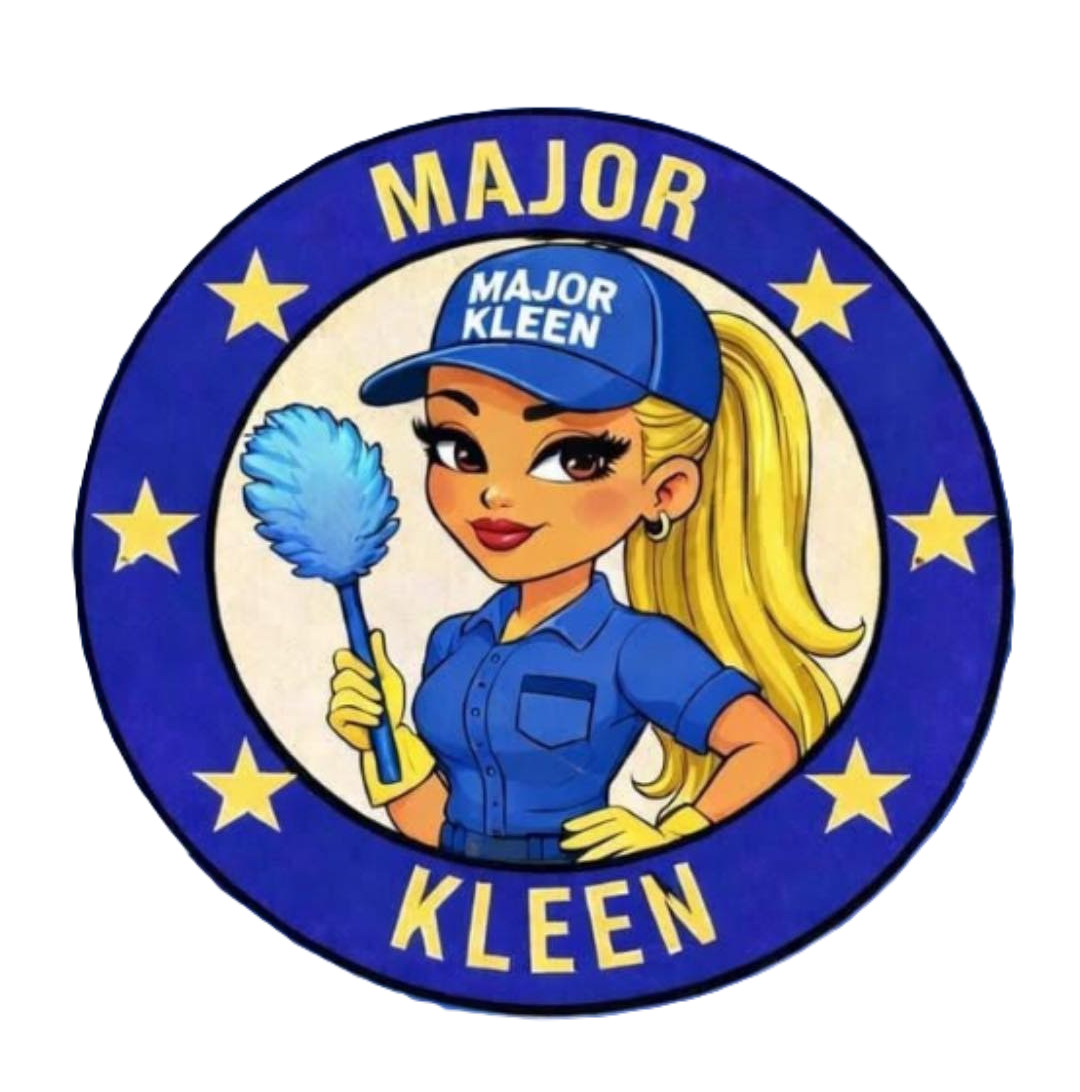 Cartoon illustration of a woman with long blonde hair in a ponytail, wearing blue cleaning uniform with gloves, holding a feather duster, wearing a blue cap marked 'Major Kleen', surrounded by a blue circle with yellow stars and the words 'Major Kleen' and 'Kleen'.
