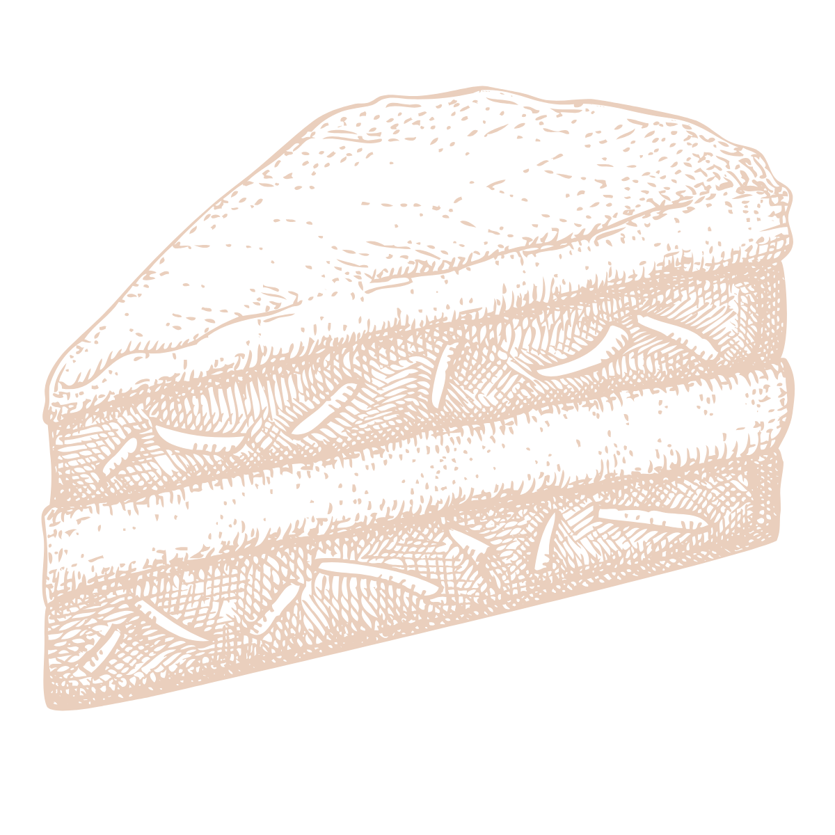 A digitally illustrated image of a slice of layered cake with cream and chocolate topping.