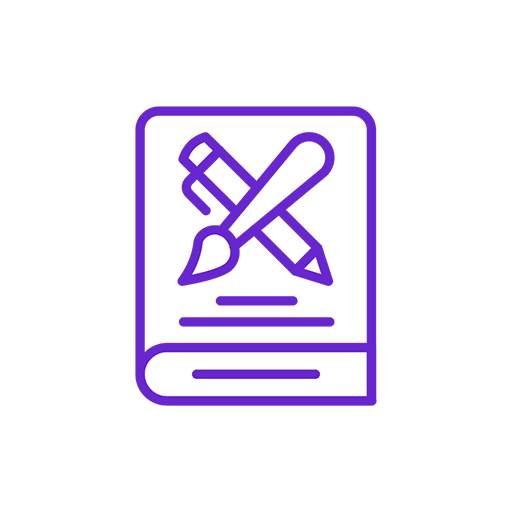 Purple book or document icon with scattered abstract white shapes on it.