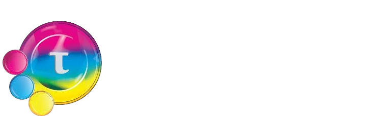 Pampos D. Tsokkos Logo. Colorful logo with a large circle divided into rainbow colors, featuring a white letter 'T' in the center and smaller circles in pink, blue, and yellow surrounding it.