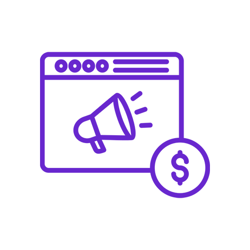 Icon of a website browser window with a megaphone inside and a dollar sign circle indicating paid advertising or marketing.