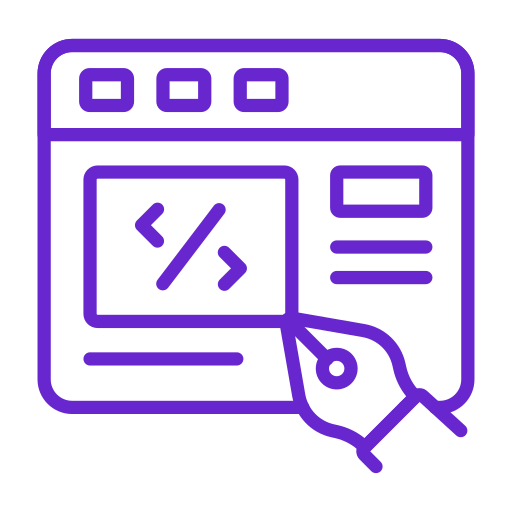 Icon of a web browser window with a cursor drawing a coding symbol in the center.