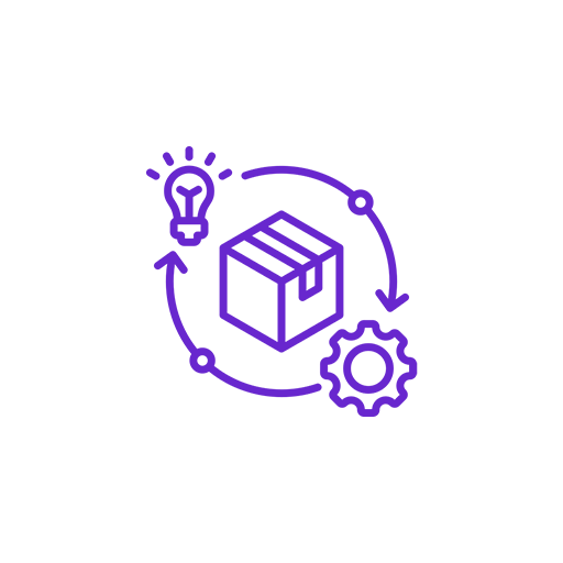 Icon of a package with a gear and a lightbulb connected by arrows, representing concepts of innovation, packaging, and process.
