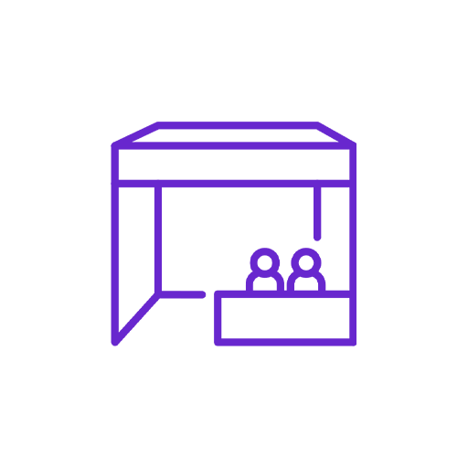 Outline of a booth with two people sitting at a table, depicted with purple lines on a black background.