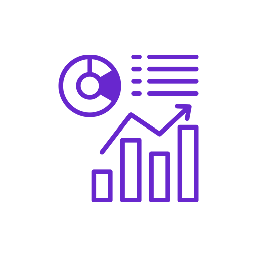 Purple icon of a rising bar chart with an upward arrow, a pie chart, and text lines on a black background.