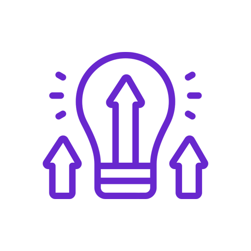 Neon icon of three arrows pointing upward inside a lightbulb outline, symbolizing innovation or ideas.