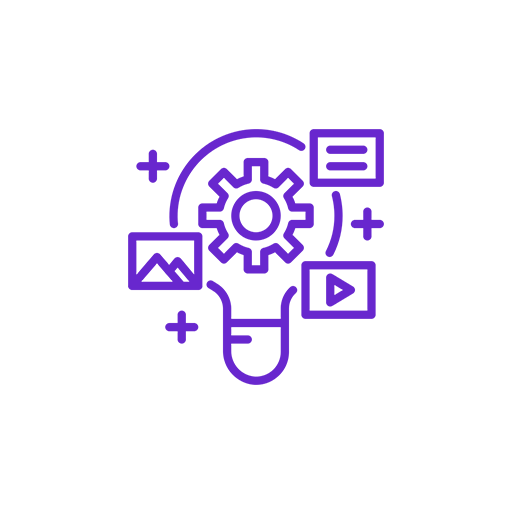 Purple icon of a gear inside a lightbulb, surrounded by various media icons including a picture, text, and video, symbolizing ideas, creativity, and technology.