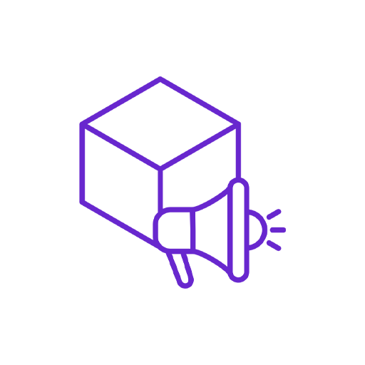 Outline of a 3D cube with a megaphone symbol in front of it, using purple lines.