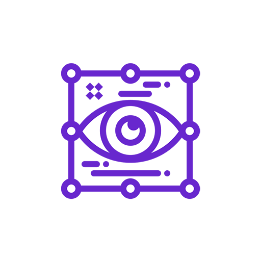 A purple square with white dots at each corner and an eye-like symbol with a crescent moon in the center.
