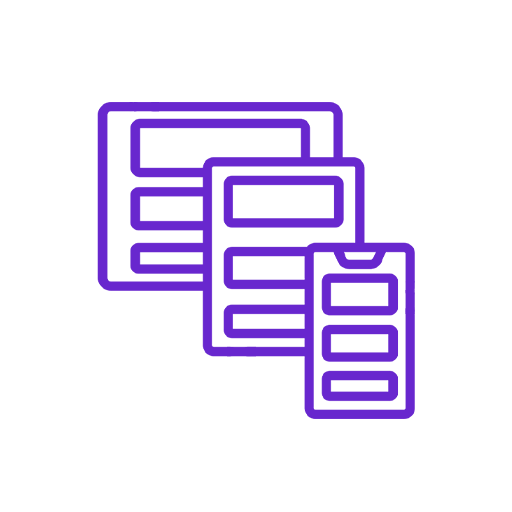 Icon of three overlapping mobile screens with text boxes, in purple outline, against a black background.