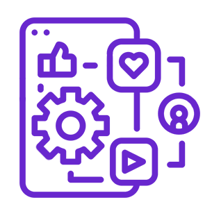 Outline of a smartphone with social media icons such as thumbs up, heart, question mark, upload, and play buttons, representing social media engagement and content.