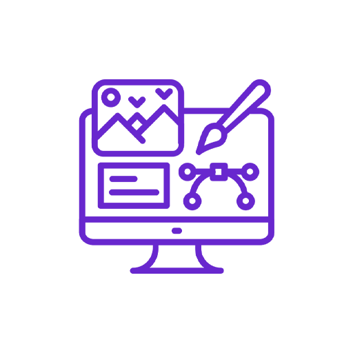 Purple digital illustration of a computer monitor displaying a photo editing interface, including a landscape image, a pen tool, and editing icons.