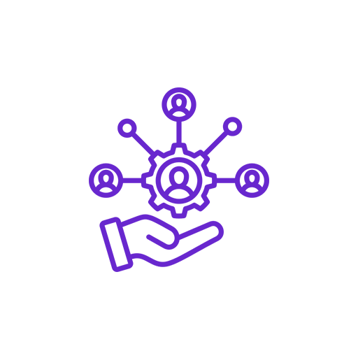 A purple icon of a hand holding a gear with interconnected user profile icons around it.