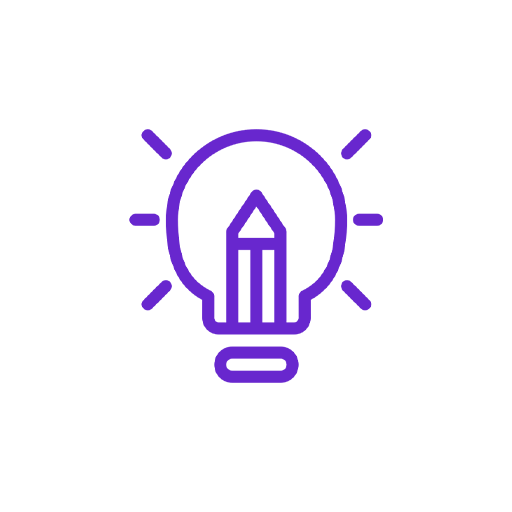 Purple outline of a light bulb with a pencil inside, symbolizing ideas and creativity.
