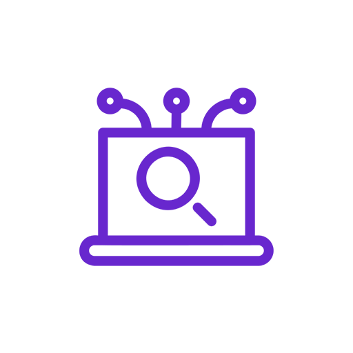 Icon of a laptop with a magnifying glass in the center and three small circles above it, representing an analytics or search concept.