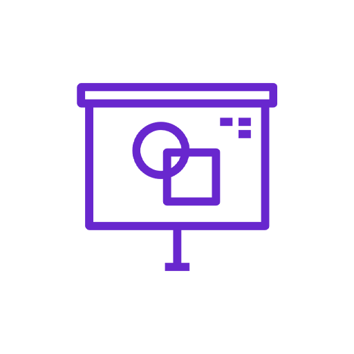 Illustration of a presentation screen with a pie chart and a projected square outline.