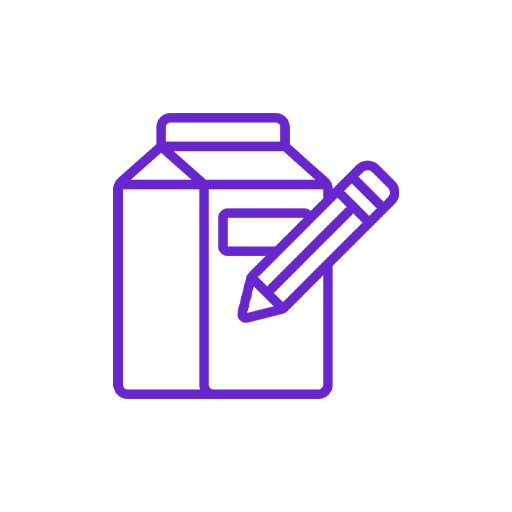 Neon icon of a milk carton with a pencil writing on it, outlined in purple on a black background.