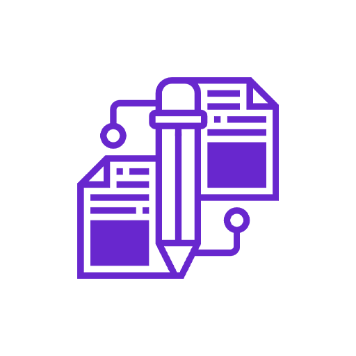 Purple icon of a pencil writing on two stacked documents with connecting lines.