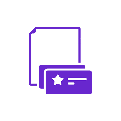 Icon of a star-shaped badge and a membership card with a star symbol, both outlined in purple against a black background.