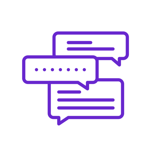 Illustration of three overlapping speech bubbles in purple and white, representing communication or chatting.