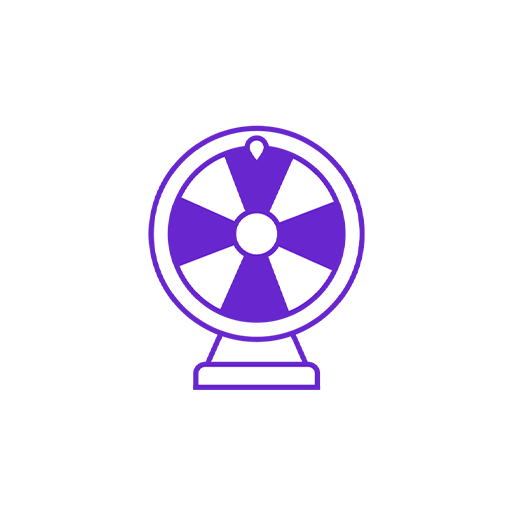 Illustration of a purple and white spinning wheel or prize wheel on a stand, with a pointer at the top