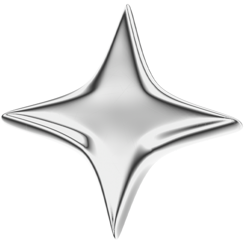 A shiny, metallic, star-shaped object with four points and smooth, reflective surfaces.