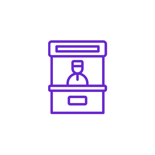 Icon of a person working at a job booth or kiosk, with a purple outline on a black background.