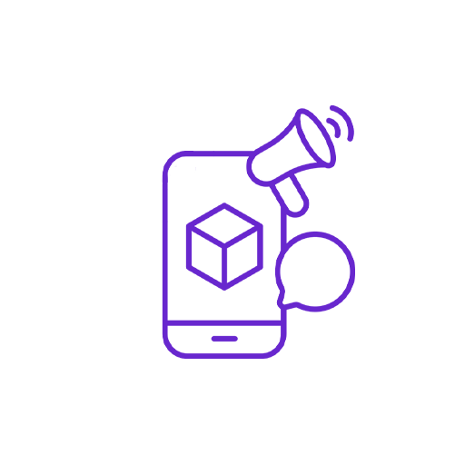 Simple line drawing of a smartphone with a cube on its screen, a speech bubble, and a megaphone.