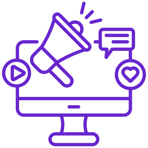 Illustration of a computer monitor with a megaphone, play button, speech bubble, and heart icons, representing online marketing or social media engagement.