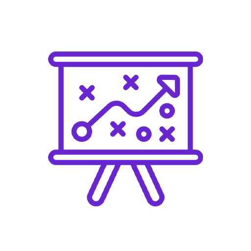 Icon of a presentation board with a graph showing an upward trend and scattered data points.