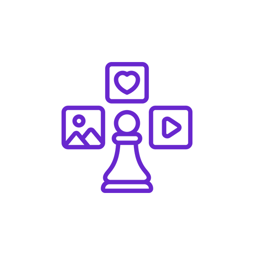 Icon of a chess piece with lines connecting to four media icons including a heart, a picture, a play button, and a mountain scene.