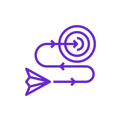 A purple and white graphic showing a paper airplane, a looped arrow, and a target with a dart hitting the bullseye.