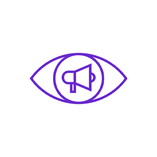A purple eye outline with an eye symbol inside containing a loudspeaker icon.