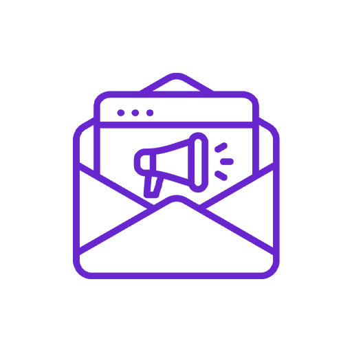 Icon of an email envelope with a web browser window and a megaphone inside, representing email marketing or announcement.