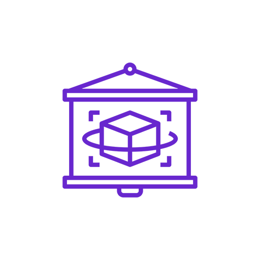 Icon of a 3D cube inside a frame with arrows, representing 3D modeling or printing.