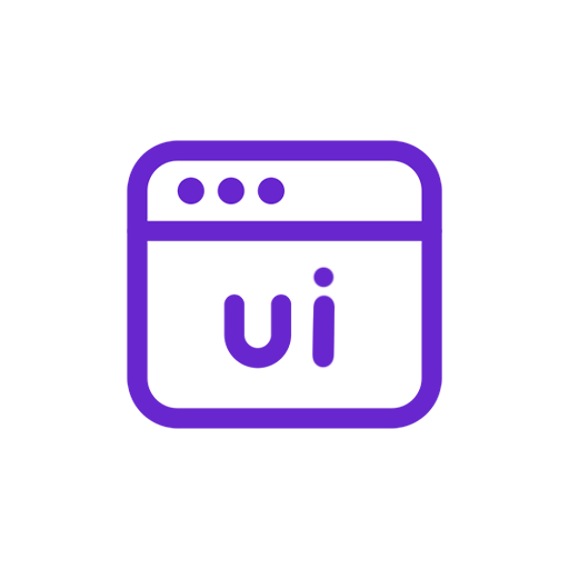 Icon of a web browser window with a purple outline and three circles at the top, displaying the letters 'ui' inside.
