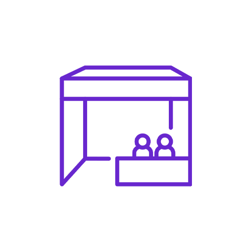 Outline of two people sitting at a booth or table inside a small room or booth.