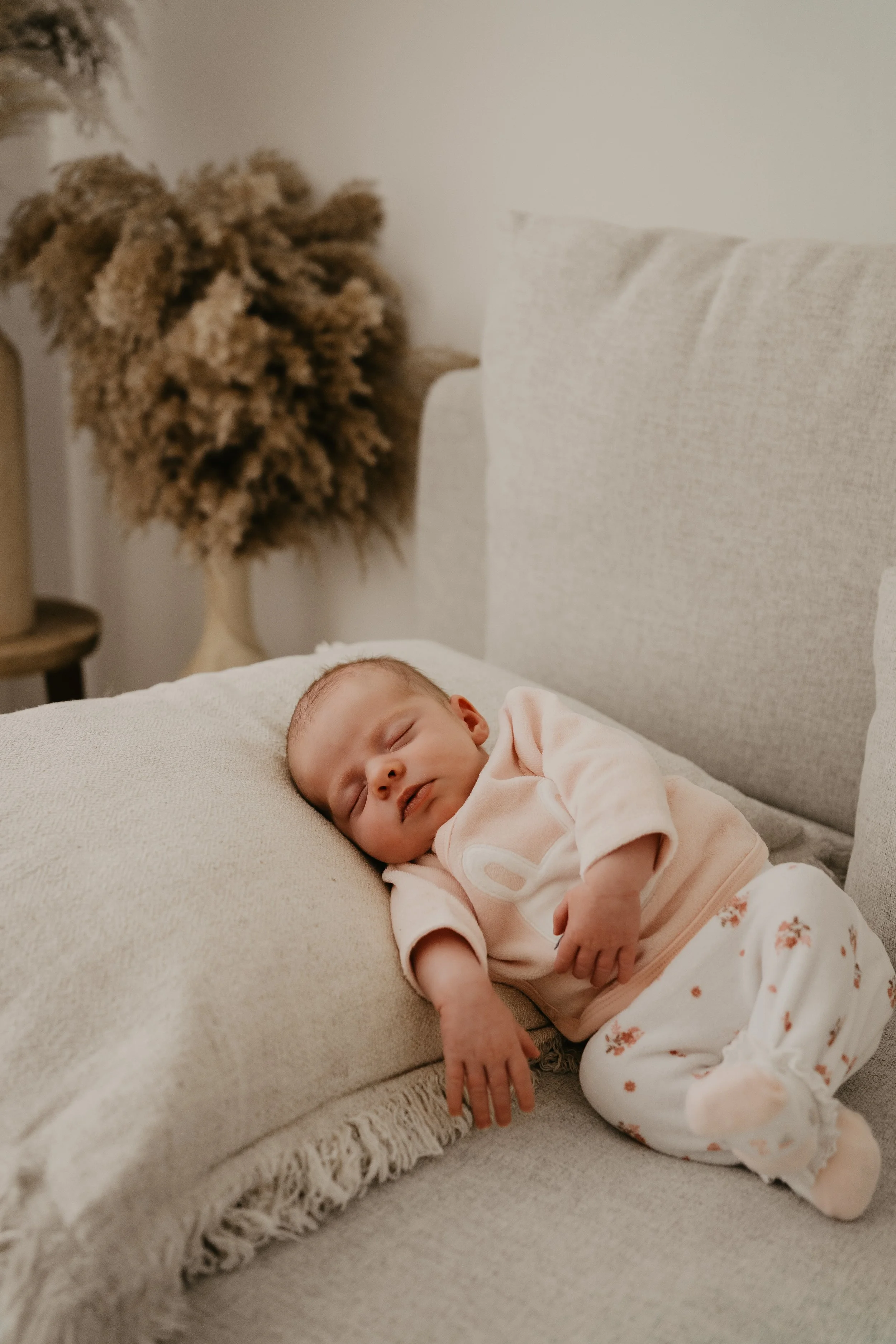 Ein schlafendes Baby liegt auf einem weißen Sofa mit einem hellen Kissen. Im Hintergrund befindet sich eine Vase mit großen, getrockneten Pflanzen.
