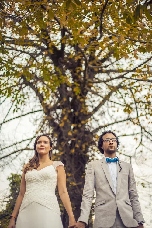 A couple in wedding attire holding hands outdoors under a large tree with autumn leaves.