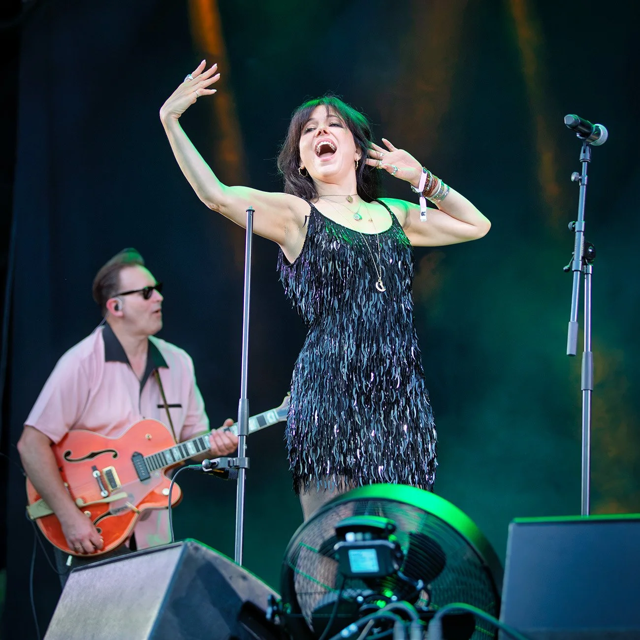 Imelda May performing energetically with her band at Pori Jazz 2026 in Finland