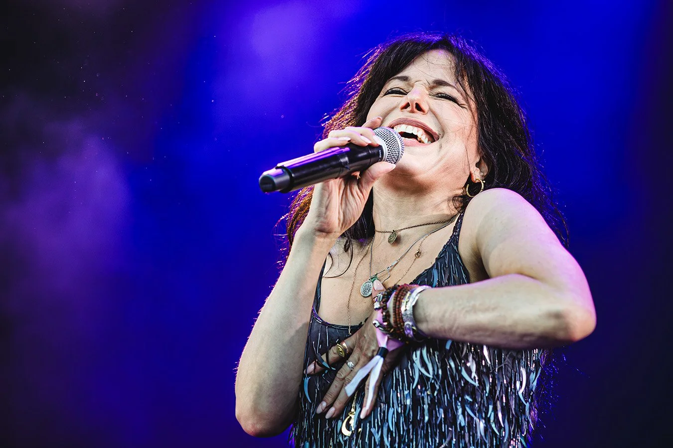 Close-up portrait of Imelda May singing live at Pori Jazz 2026 in Finland.