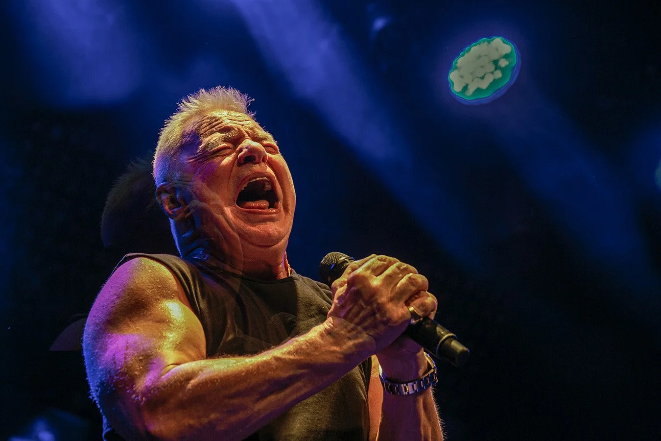 Close-up of Jerry Williams singing with intense expression under blue stage lighting in Stockholm, 2016. Wintersaga by Jerry Williams.