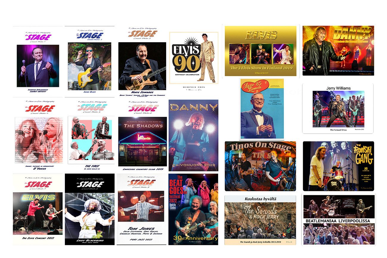 Collage of Esa Malm’s published music photography featuring Elvis, Jerry Williams, Danny, The Shadows, The Sounds, Beatleweek Liverpool and other live music artists and events.