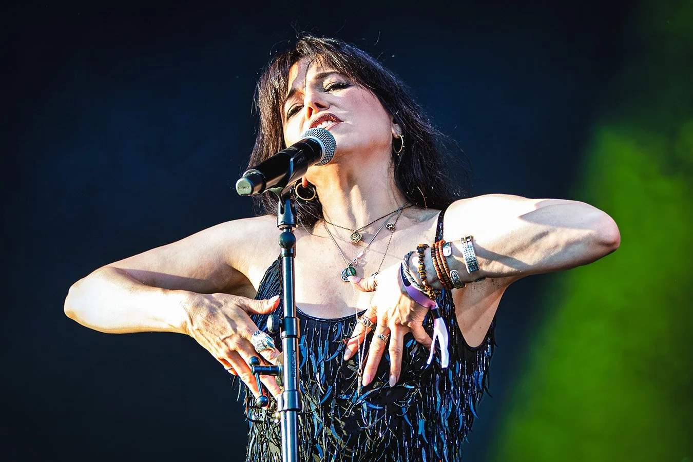 Imelda May performing expressively on stage at Pori Jazz 2026 in Finland.