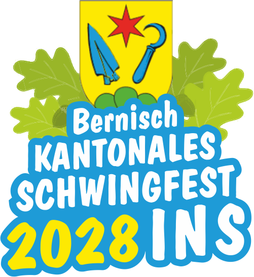 Festschrift für das bernische Kantonale Schwingfest 2028, mit dem bernischen Wappen oben und bunten, verspielten Text im Vordergrund.