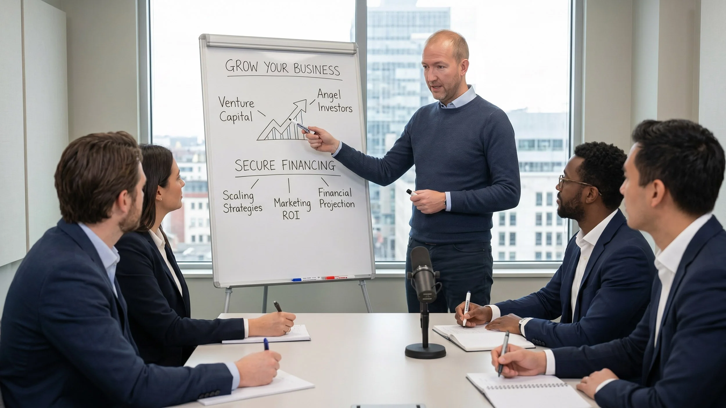 En mann står foran en whiteboard med strategier for å vokse en bedrift, og snakker til en gruppe unge profesjonelle som tar notater i et møterom.