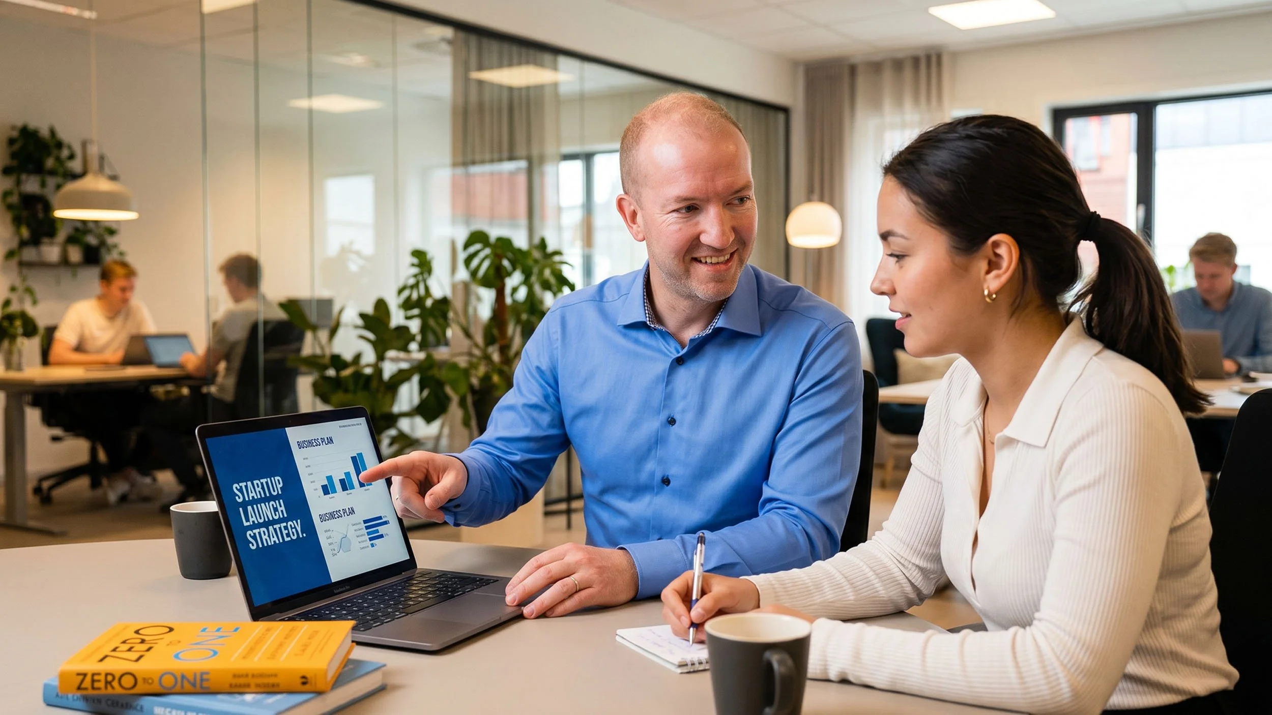 To personer i et kontor møter, der mannen peker på en PC-skjerm med teksten "Startup Launch Strategy". De har notatblokker og kopper på bordet. Flere personer jobber i bakgrunnen.